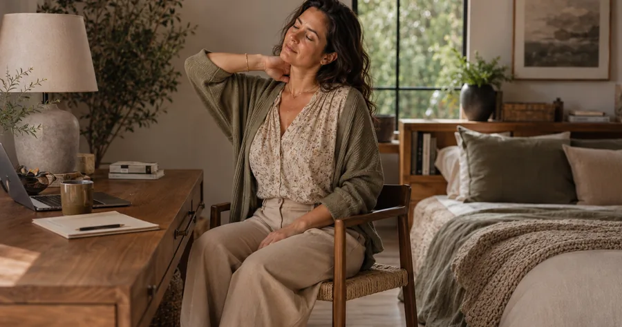 Femme assise à un bureau, les yeux fermés, massant délicatement sa nuque