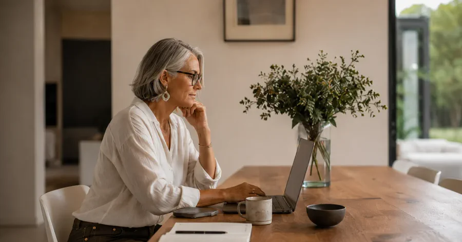 Femme aux cheveux gris, lunettes, concentrée devant son ordinateur à une grande table en bois, lumière naturelle