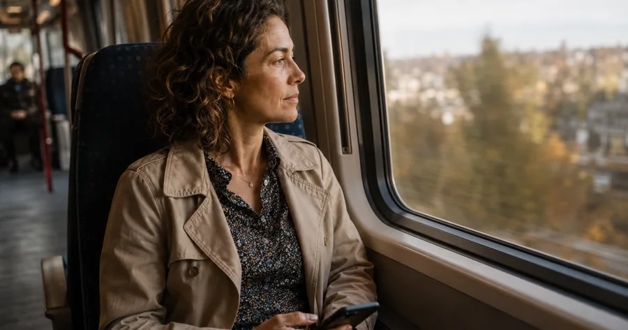 Femme assise dans un train, regardant par la fenêtre et tenant son téléphone
