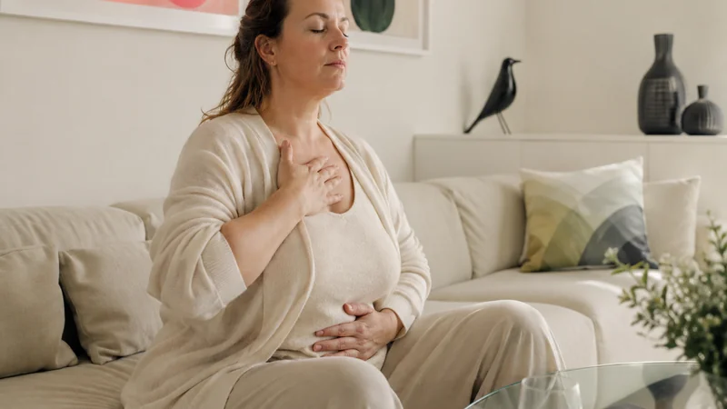 Femme assise sur un canapé, une main sur la poitrine et une main sur le ventre