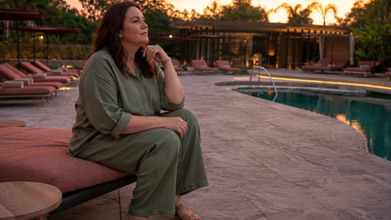 Femme assise au bord d’une piscine au coucher du soleil, illustrant un moment de retour à soi