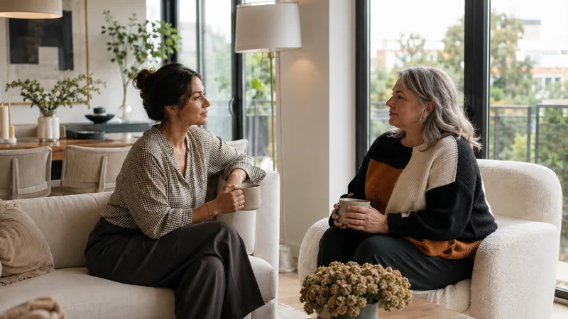 Deux femmes assises dans un salon, échangeant dans un environnement calme
