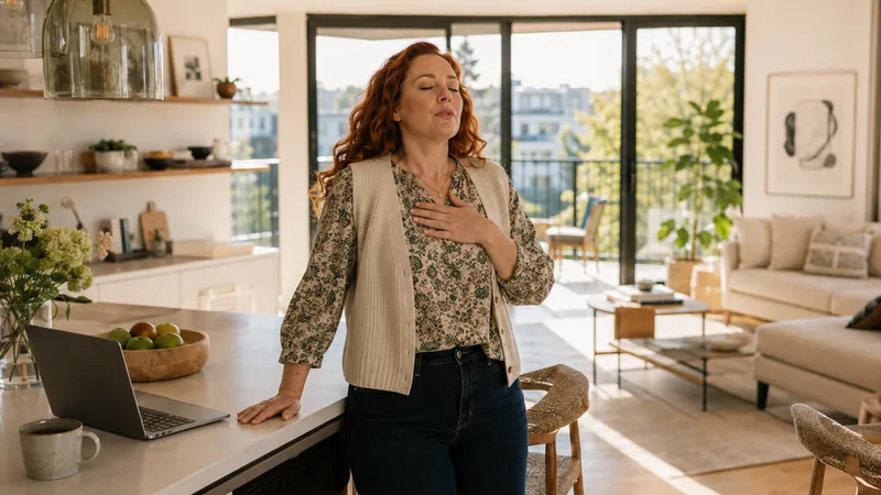 Femme debout dans une cuisine, une main posée sur la poitrine