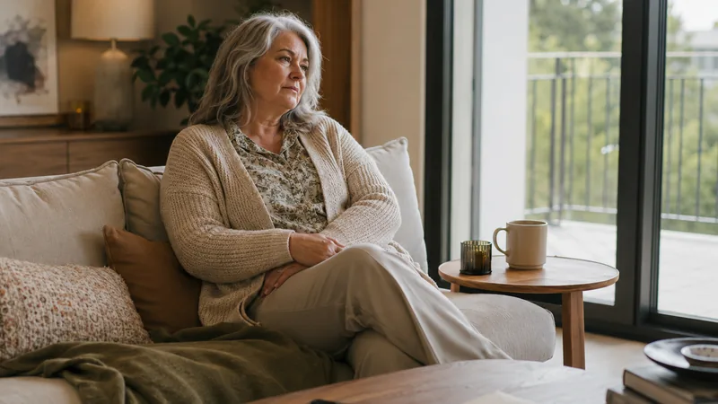 Femme assise sur un canapé, le regard tourné vers la fenêtre