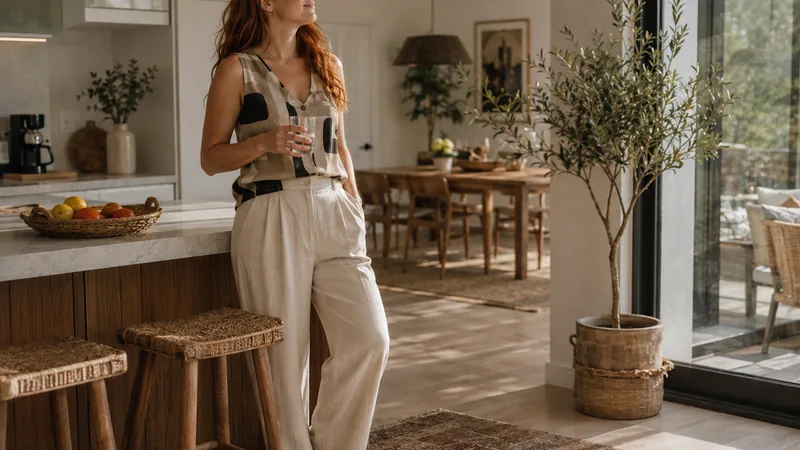 Femme debout dans une cuisine lumineuse, un verre à la main