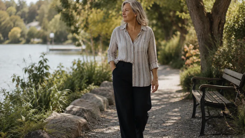 Femme marchant au bord d’un lac dans une lumière douce