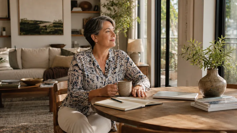 Femme assise à une table avec un carnet et une tasse