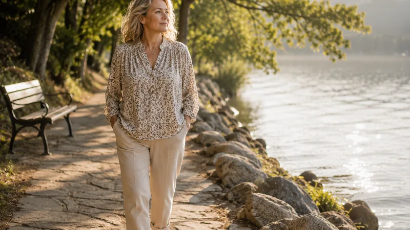 Femme marchant au bord d’un lac dans une lumière douce