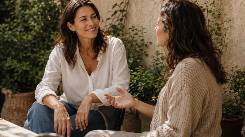 Deux femmes assises à l’extérieur et engagées dans une conversation