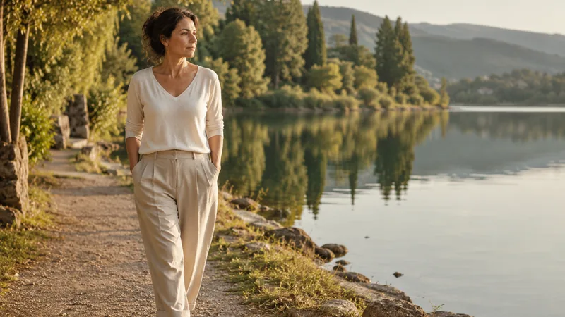 Femme marchant au bord d’un lac dans une lumière douce