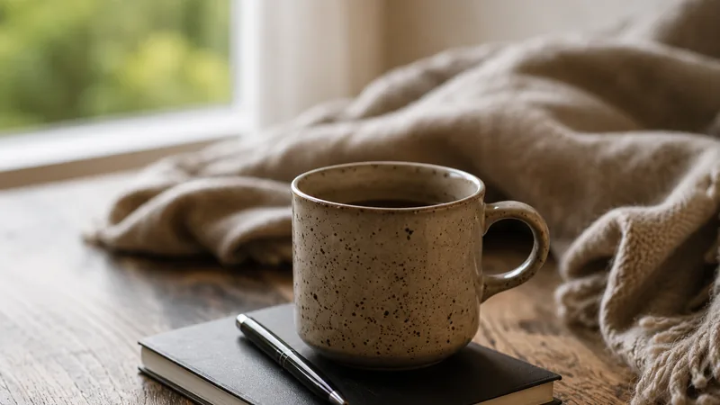 Tasse et carnet posés près d’une fenêtre, illustrant un temps court d’observation de soi