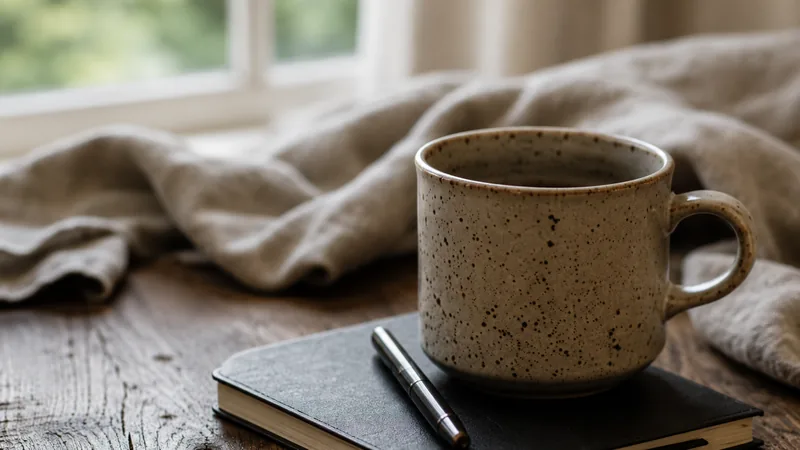 Carnet et tasse posés sur une table en bois devant une fenêtre, illustrant l’observation de soi