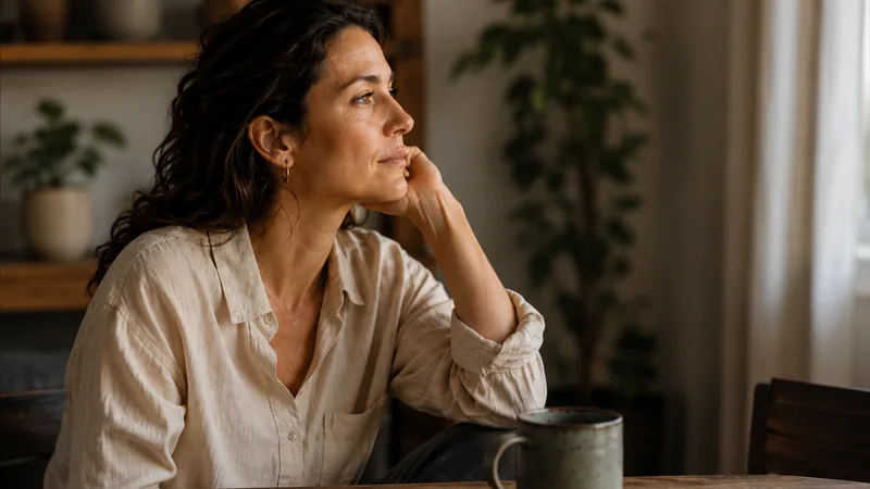 Femme assise à une table, le regard tourné vers une fenêtre dans un intérieur calme