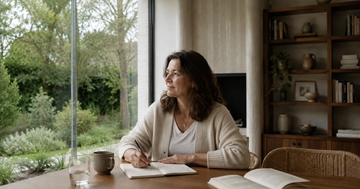 Femme assise à une table en bois, carnet ouvert devant elle, regard tourné vers le jardin, illustrant une pratique somatique calme