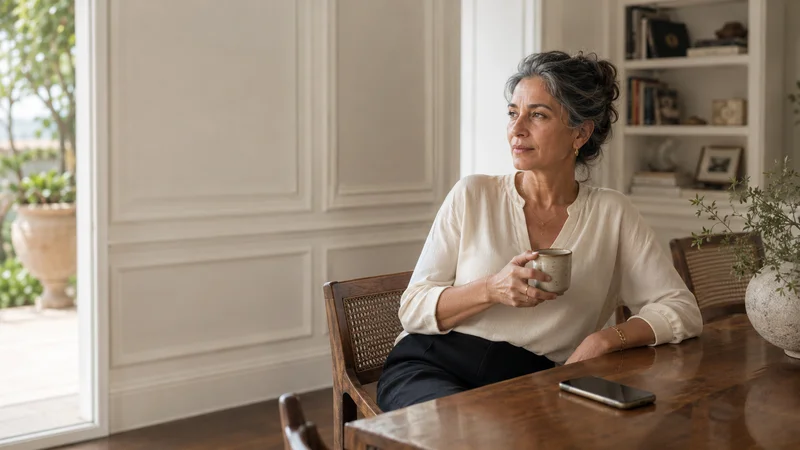 Femme assise à une table, tenant une tasse, illustrant la disponibilité calme