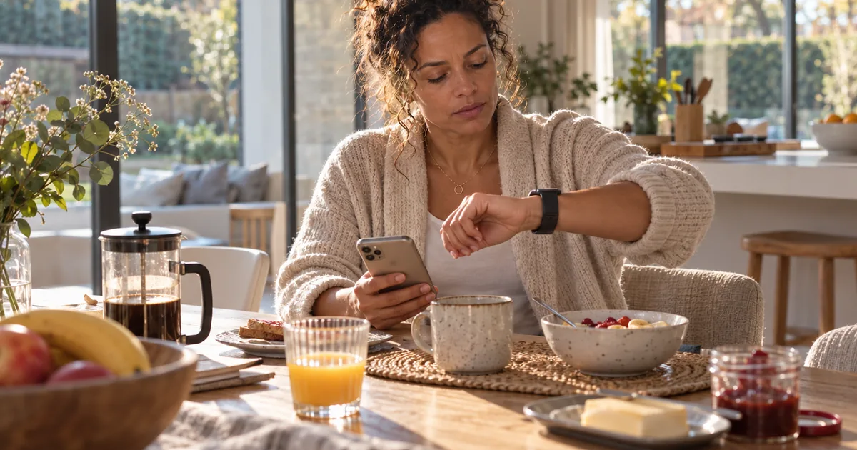 Femme consultant sa montre connectée et son téléphone à une table, dans un intérieur lumineux