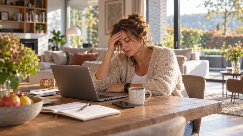 Femme pensive devant un ordinateur portable dans un intérieur lumineux