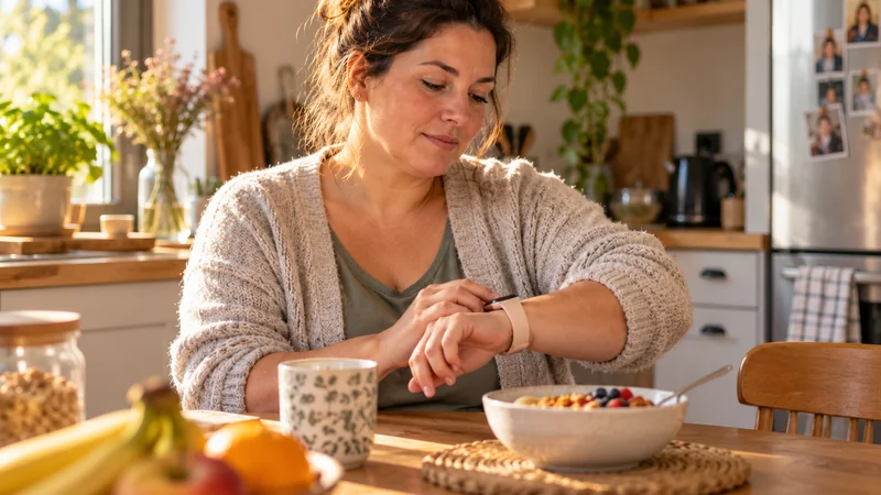 Intéroception et anxiété : femme regardant une montre connectée dans une cuisine lumineuse