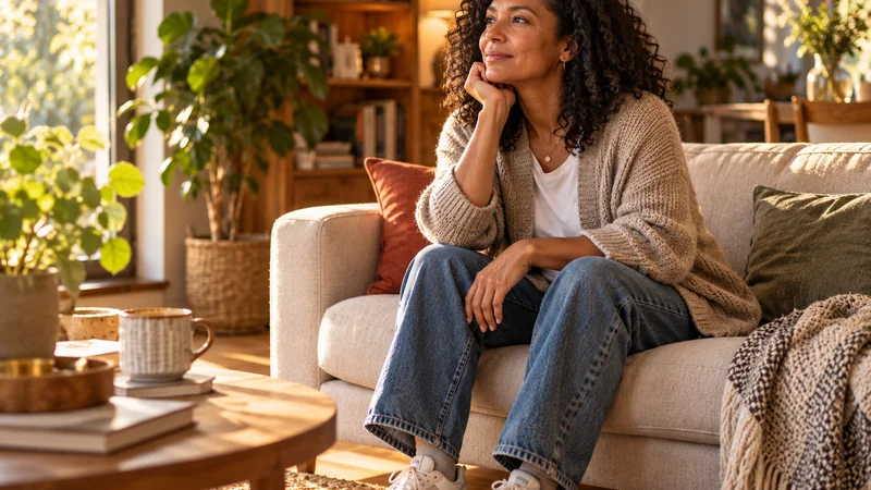 Intéroception et anxiété : femme assise à une table dans un intérieur lumineux, attentive à ses sensations