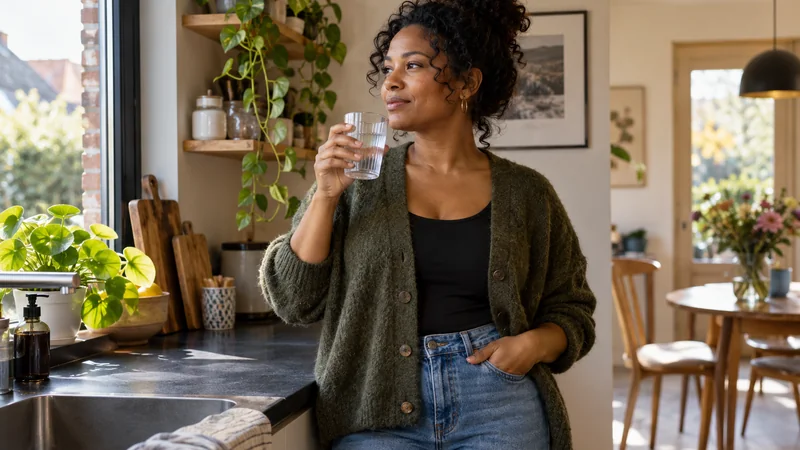 Femme debout dans une cuisine lumineuse, buvant un verre d’eau