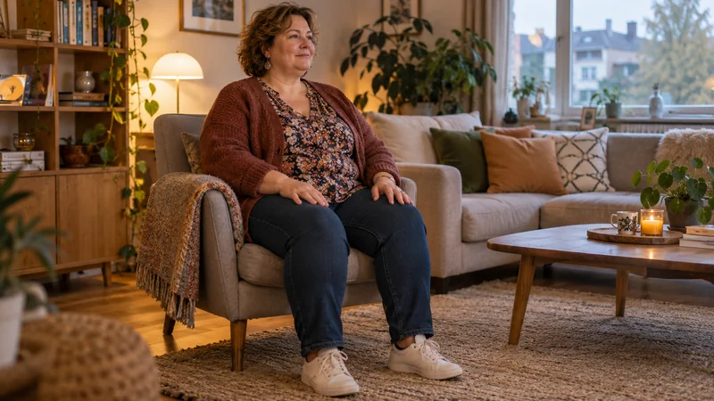 Femme assise dans un fauteuil, dans un intérieur calme et lumineux