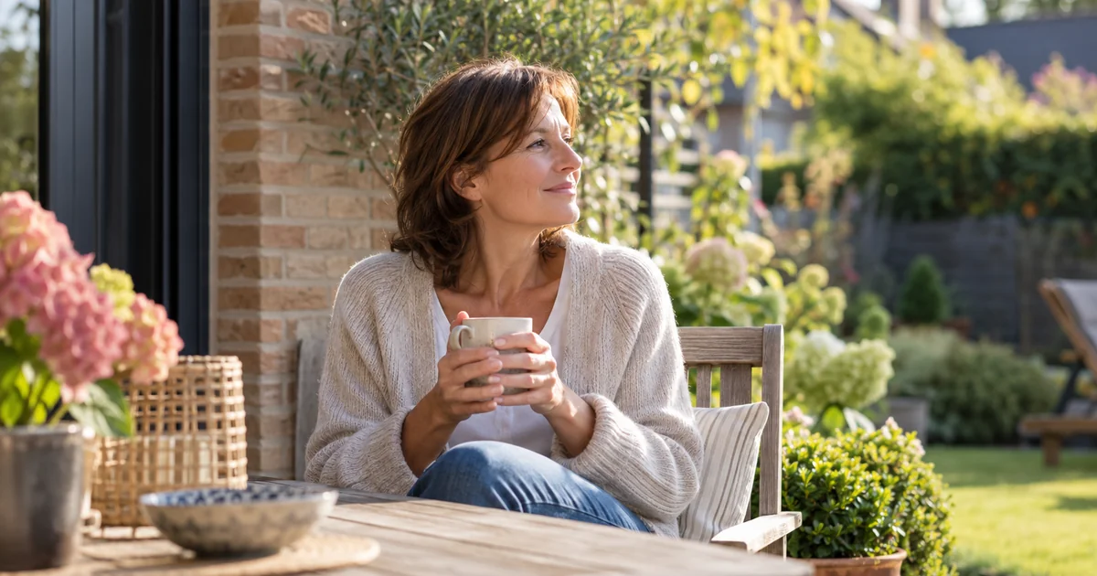 Femme assise sur une terrasse, tenant une tasse et regardant un jardin lumineux