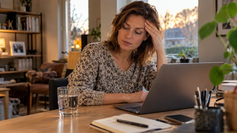 Femme assise à une table devant un ordinateur portable, le regard préoccupé