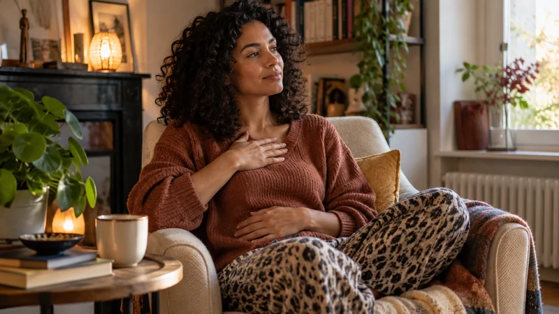 Femme assise dans un fauteuil, une main sur la poitrine, dans un intérieur chaleureux