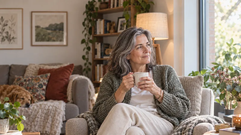 Femme assise dans un fauteuil, tenant une tasse dans un intérieur calme
