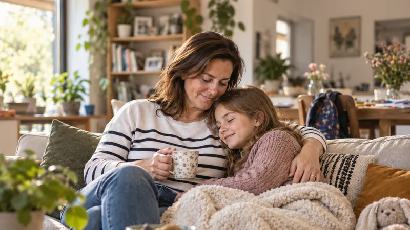 Mère et enfant se reposant dans un salon lumineux