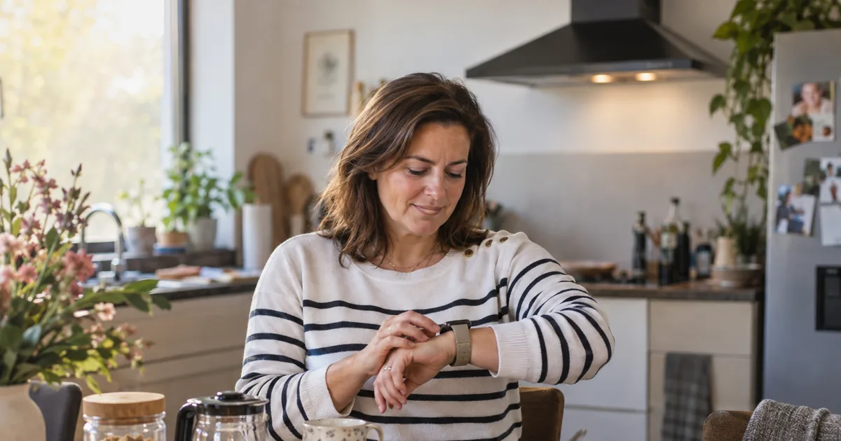 Femme consultant une montre connectée à la cuisine pour suivre sa VFC