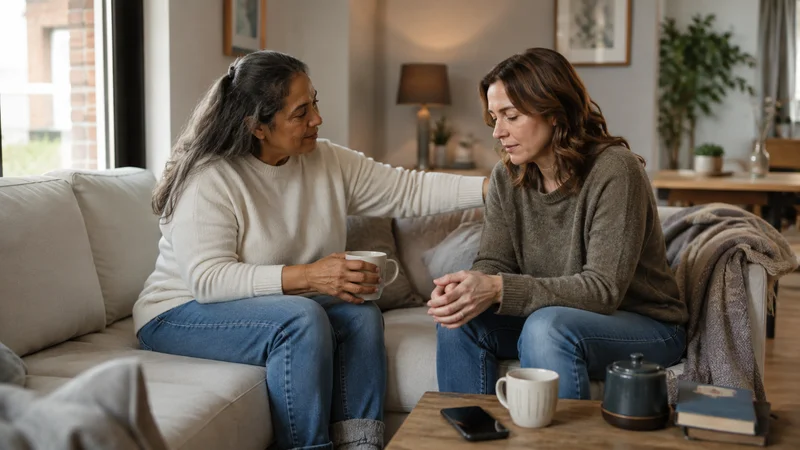 Deux femmes assises sur un canapé, l'une posant la main sur l'épaule de l'autre, illustrant la co-régulation et le soutien dans la consultation