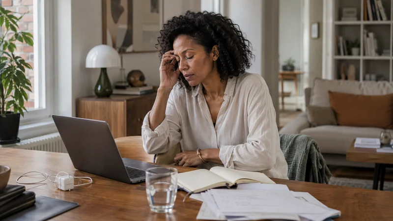 Femme devant son ordinateur portable, main sur le front, illustrant le brouillard mental et la fatigue cognitive liés à un tonus vagal faible