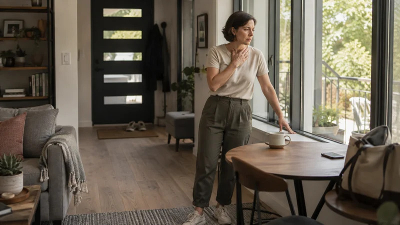 Femme debout, main sur la poitrine, regard vers la fenêtre, illustrant la tension interne liée à l'inflammation chronique