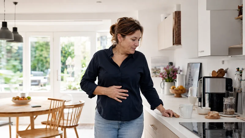 Femme dans sa cuisine, main sur l'abdomen, illustrant les signaux digestifs et l'axe intestin-cerveau