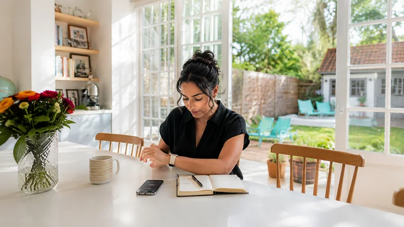 Femme à table consultant une montre connectée, illustrant le suivi de la variabilité cardiaque