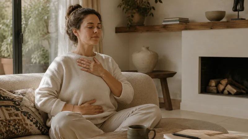 Femme assise sur un canapé, les yeux fermés et les mains posées sur la poitrine et le ventre