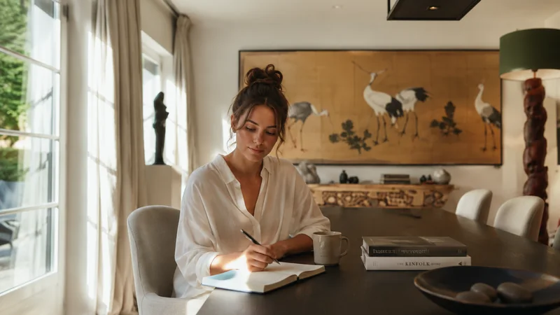 Femme écrivant dans un carnet dans un intérieur lumineux