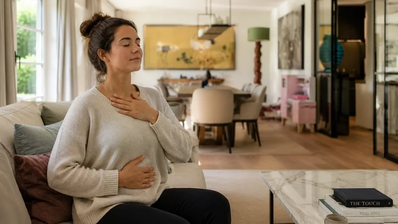 Femme assise, les yeux fermés, une main posée sur la poitrine et une main sur le ventre