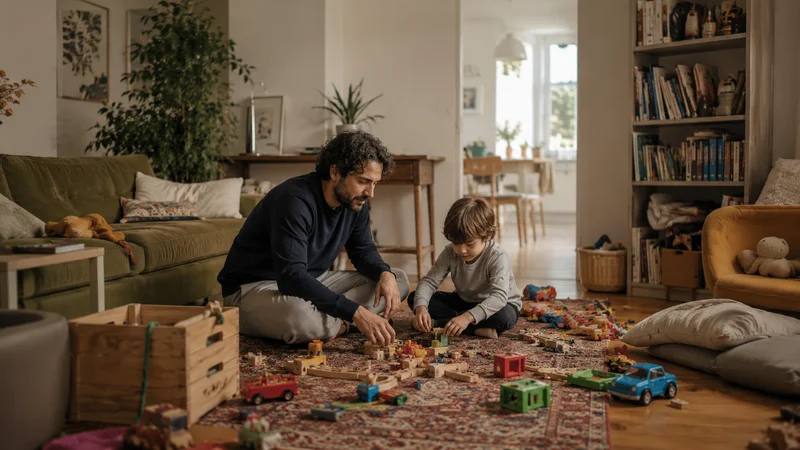 Père et enfant jouant ensemble sur le sol, illustrant la co-régulation et l'engagement social dans la théorie polyvagale