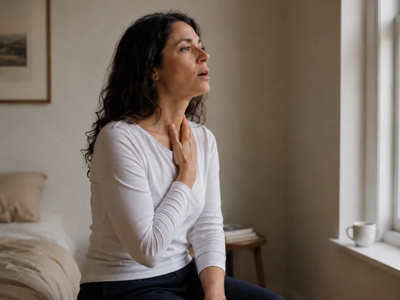 Femme main posée sur la gorge, pratiquant la vocalisation pour activer le complexe vagal ventral