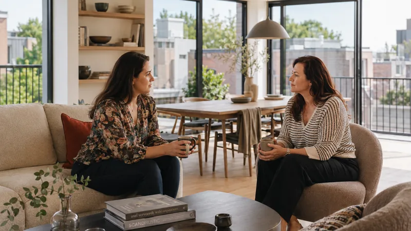 Deux femmes discutant dans un intérieur lumineux