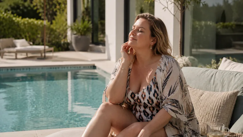 Femme assise près d’une piscine, les yeux fermés, dans une lumière douce