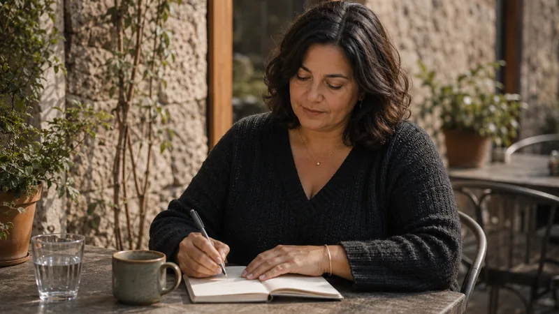 Femme écrivant dans un carnet à une table, avec une tasse et un verre d’eau