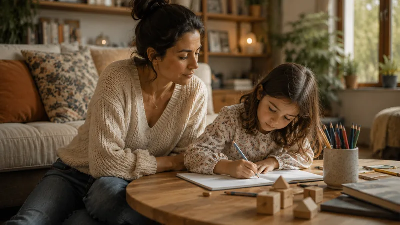Une mère observe une enfant qui dessine dans un salon lumineux